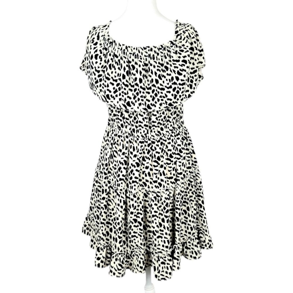 Womens L Oddy Off The Shoulder Leopard Print Elastic Waist Tiered Ruffle Dress